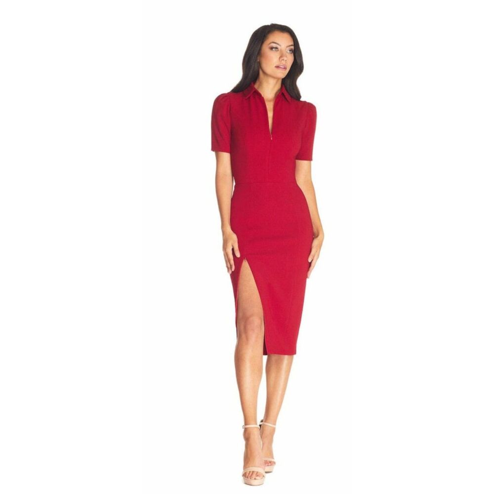 DRESS THE POPULATION Gloria Front-Zip Sheath Dress Chic Sophisticate Size XS